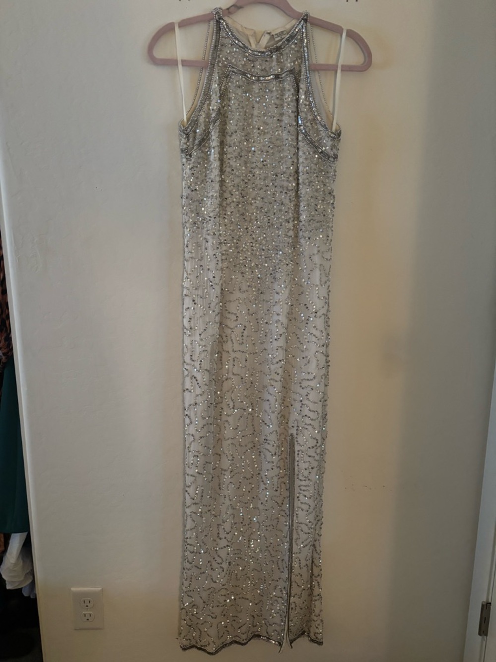 Vintage 90s Beaded Silver Sequin Gown Maxi Dress Glam